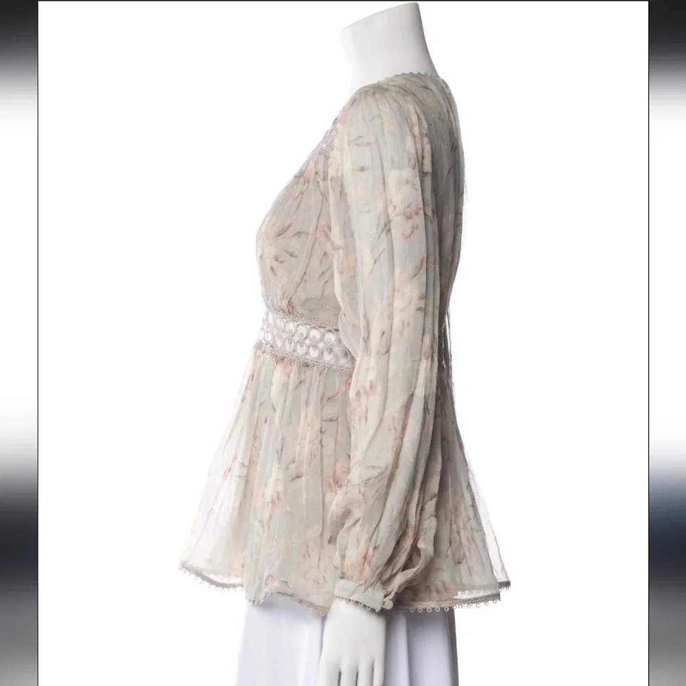 Zimmermann Iris Floral Eyelet Pink Grey Dusty Pastel Silk Lace Trim Blouse Sz 3 - Picture 5 of 13